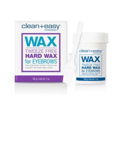 Clean + Easy Tweeze-Free Hard Wax for Eyebrows pack with container and applicator on the side isolated on white background