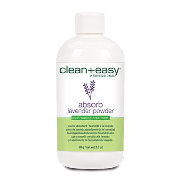 Front view of Clean + Easy Absorb Lavender Powder Pre Waxing Treatment in 3.5-ounce capped bottle