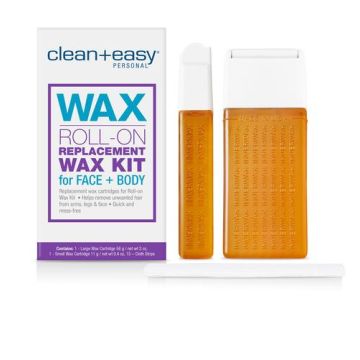 Closeup of Clean + Easy personal wax packaging with detailed text with front and side view of its container