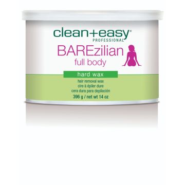 Close-up view of Barezilian full body hard wax  from Clean+Easy in a 14-ounce jar
